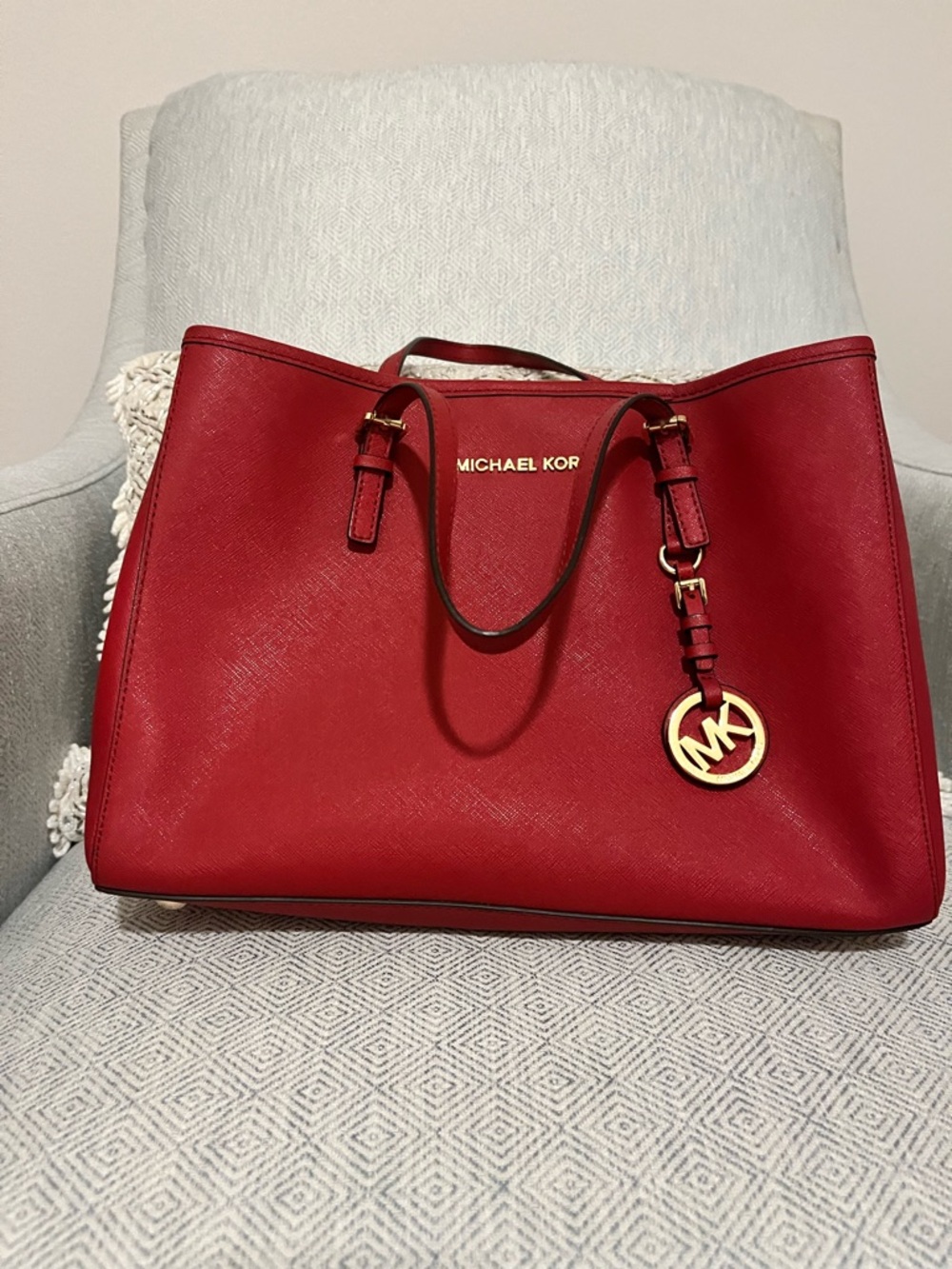 Michael Kors Jet Set Red Saffiano Leather Tote with Gold MK Charm
